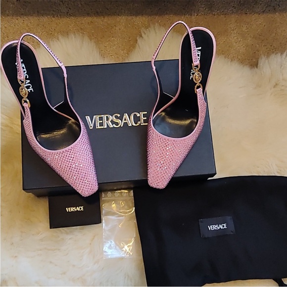Versace Pink Embellished Slingback Heels - Picture 2 of 4